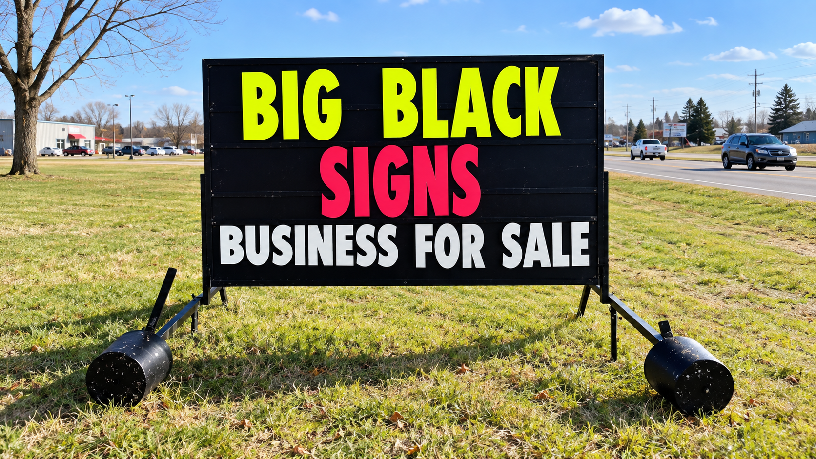 Big Black Signs board announcing that the business is for sale
